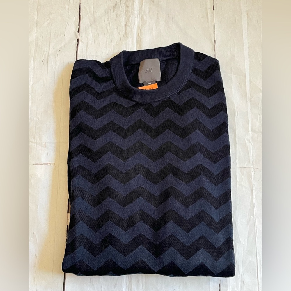 H&M Men’s Cotton Blend Small Navy Black Crew Neck sweater Chevron Pattern